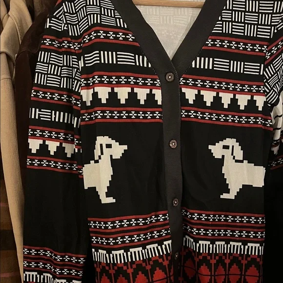 Black Red Patterned Men's Sweater holiday button up puppy vintage ugly Christmas - Picture 1 of 5